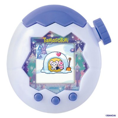 Front view of a White Glacier Tamagotchi Paradise handheld device with blue trim, three round buttons, and a screen showing characters.