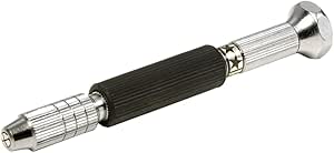 Silver metal hand pin vise with a black ribbed grip shown on a white background.