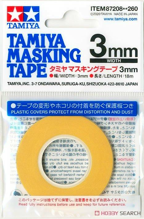 Packaged Tamiya masking tape 3mm roll shown in its clear front packaging with branding and product text.