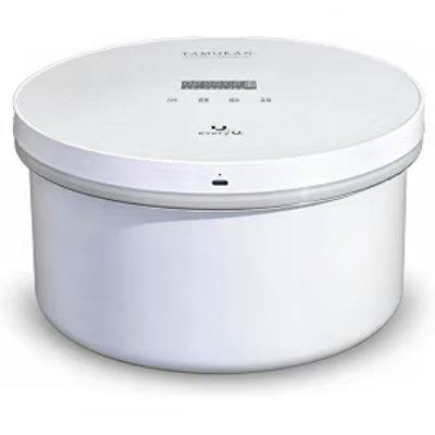 Tamokan white storage container (rice cooker) showing a round white body and lid with a small top control panel.
