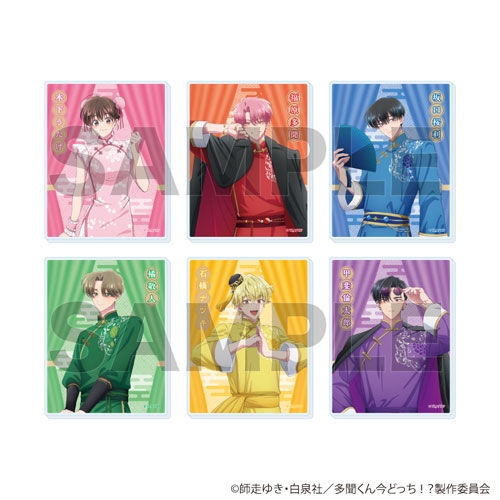 Six illustrated acrylic cards showing six characters in colorful China-style outfits arranged in two rows, each image marked with a SAMPLE watermark.