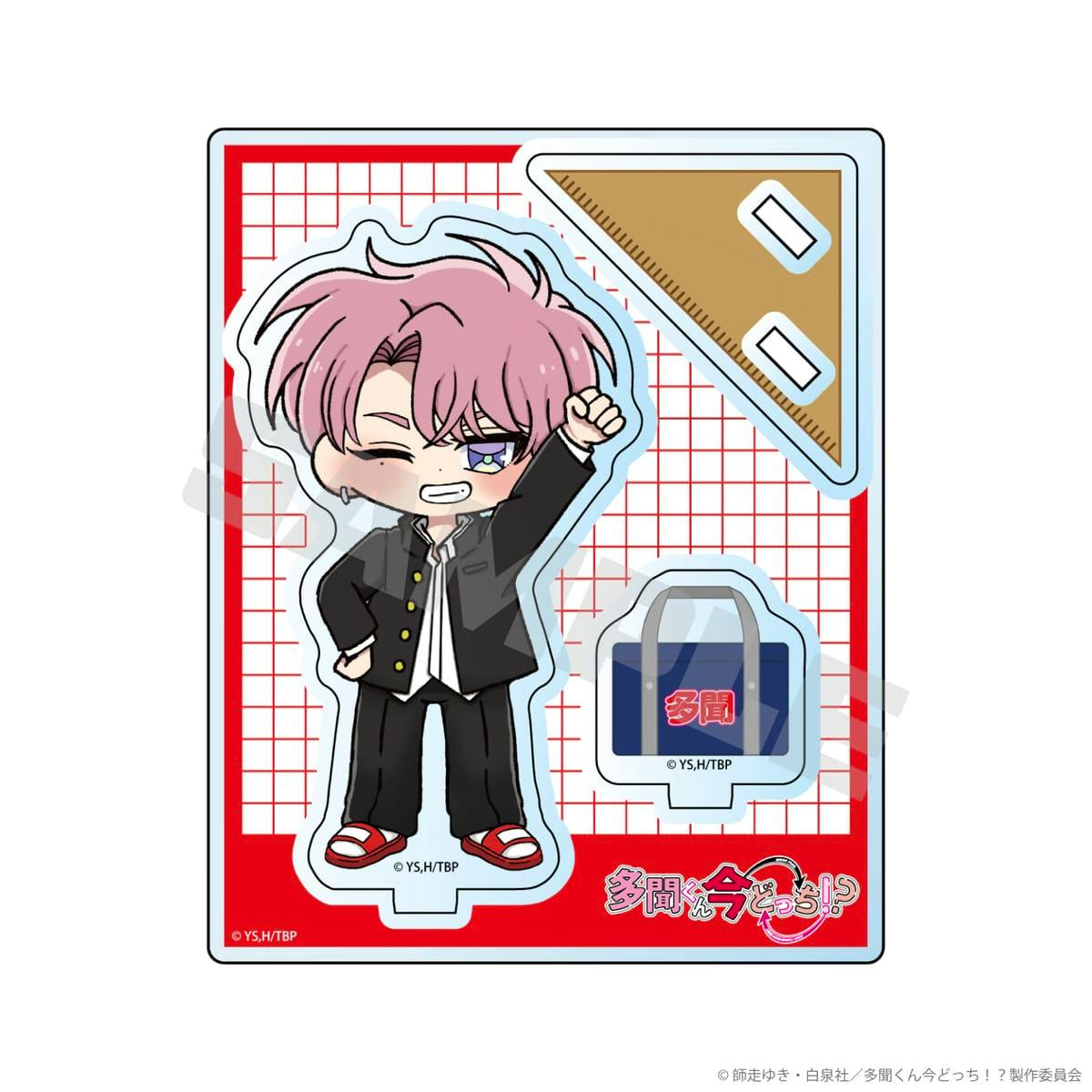 Die-cut acrylic stand sheet depicting a chibi-style Fukuhara Tamon figure and a small bag accessory on a red grid backing.