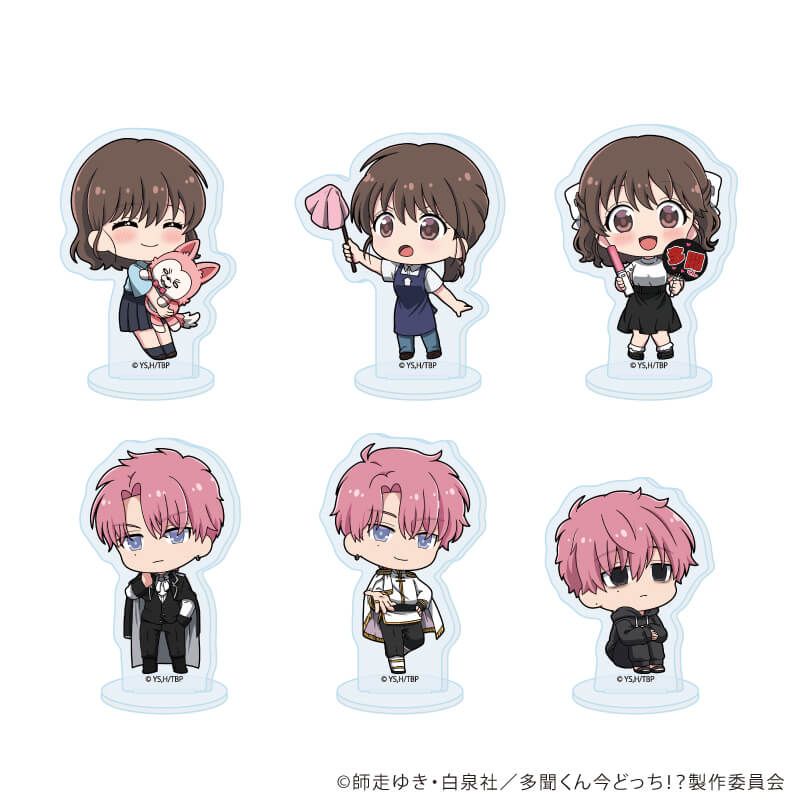 Six acrylic petit stand figures with chibi character illustrations arranged in two rows.