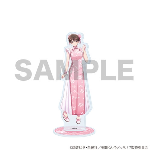 Acrylic stand showing a full-body illustrated character in a pink floral cheongsam-style dress mounted on a round base, with a SAMPLE watermark.