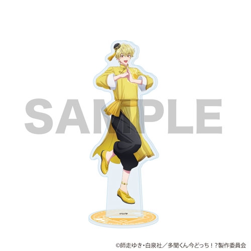 Acrylic stand showing the illustrated character Ishibashi Natsuki in a yellow outfit on a round base, with a SAMPLE watermark.