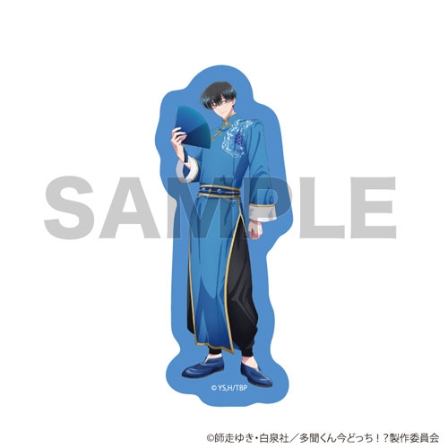 Die-cut smartphone sticker showing an illustrated character in a blue outfit holding a fan with a SAMPLE watermark.