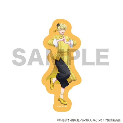 Die-cut paper smartphone sticker showing an illustrated character in a yellow outfit standing with hands clasped, on an orange backing with a SAMPLE watermark.