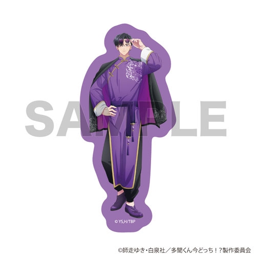 Die-cut paper smartphone sticker showing a full-body illustrated character (甲斐倫太郎) in a purple outfit with a visible SAMPLE watermark.