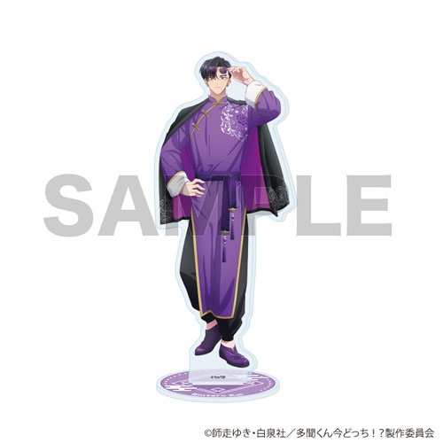 Front view of the acrylic decorative stand showing the illustrated character in a purple outfit standing on a round base against a white background.