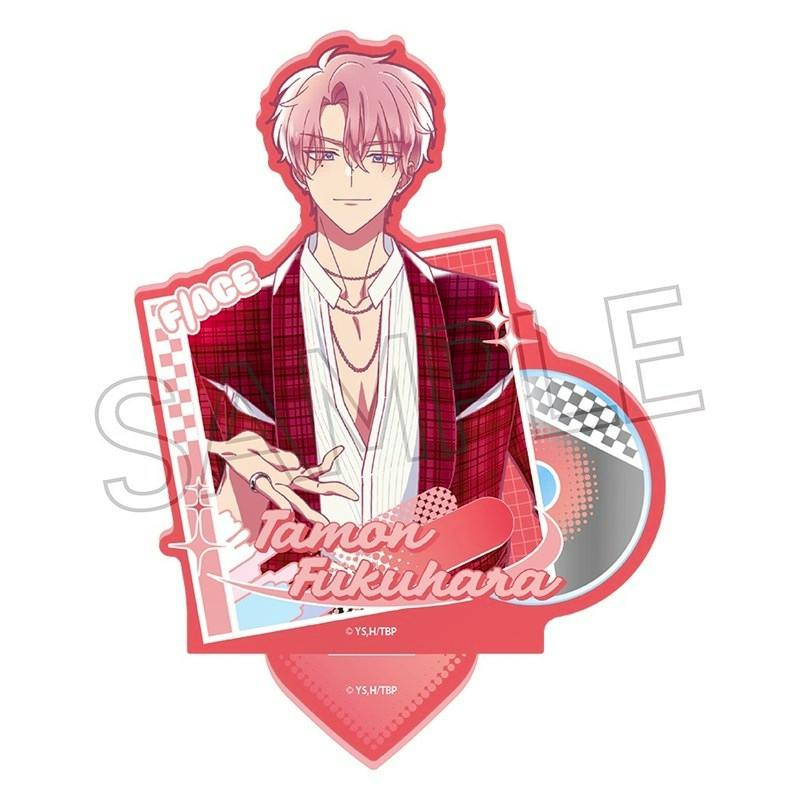 Acrylic stand of Fukuhara Tamon illustrated wearing a red plaid jacket with a heart-shaped base.