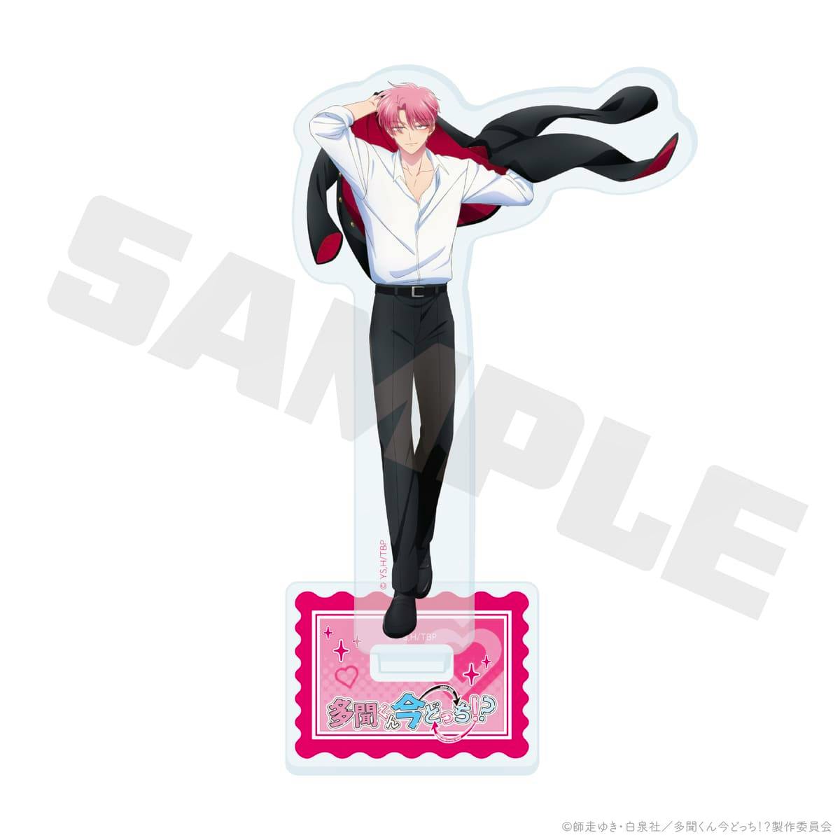 Front illustration of the acrylic figure stand showing Fukuhara Tamon (イケ原ver.) full-body cutout with a pink decorative base.