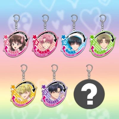 Image showing seven trading acrylic keychains from the TV anime '多聞くん今どっち！？' displayed against a pastel gradient background.