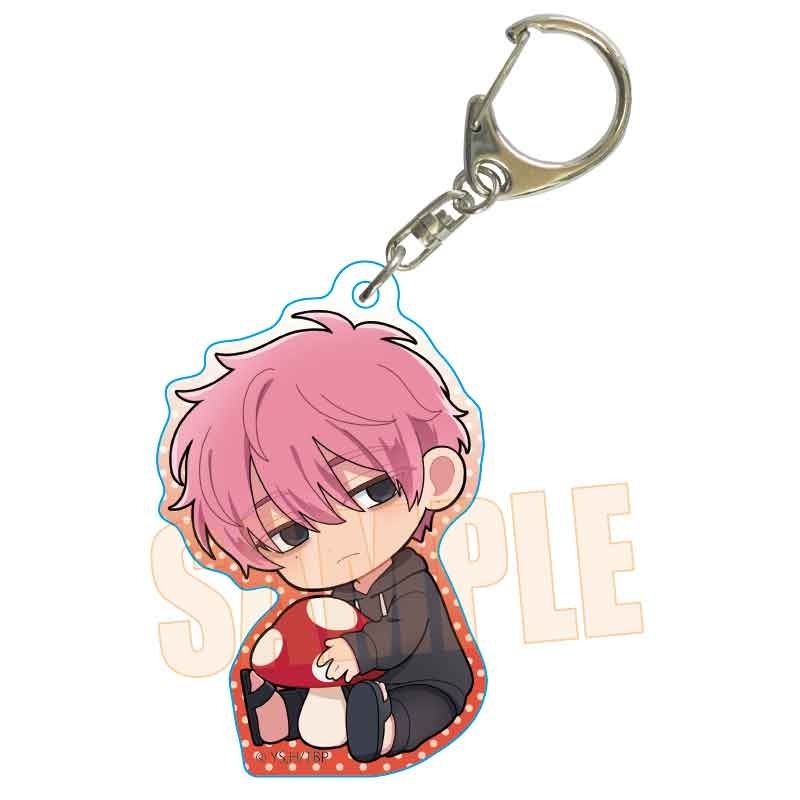Acrylic keychain showing a chibi illustration of Fukuhara Tamon holding a mushroom, attached to a metal clasp and key ring.