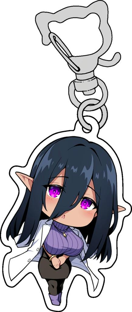 Acrylic keychain showing a chibi character with dark hair, pointed ears, and purple eyes attached to a metal clasp.