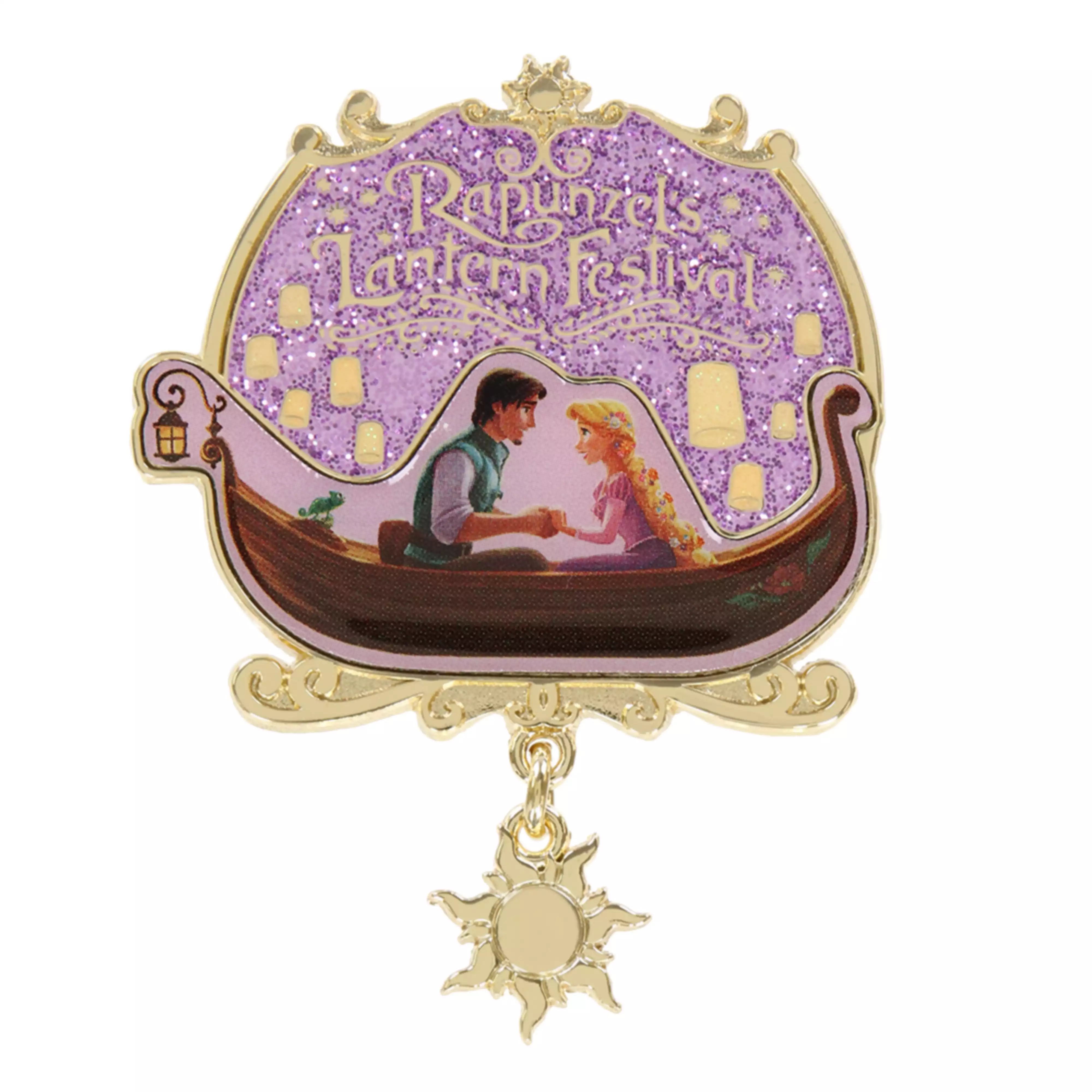 A Rapunzel-themed pin badge showing Rapunzel and a male character seated in a boat against a purple glitter background with a dangling sun charm.