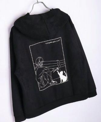 Back view of a black men's faux-suede full-zip hoodie hanging on a hanger, showing a white line-art illustration of a person and a cat.