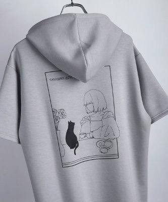 Back view of a light gray short-sleeve pullover hoodie showing a black line-art 'Twilight Girl' back print featuring a girl and a cat.