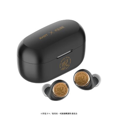 Black wireless earphones with gold-emblem faceplates and matching charging case shown on white background.