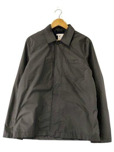Front view of a men's grey checked polyester jacket on a hanger.