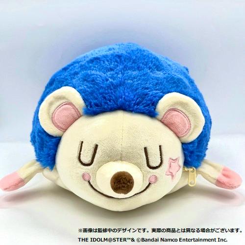 Front view of a blue and cream hedgehog plush yutanpo with a smiling face, pink ear details, and a pink star on its cheek.