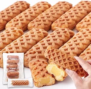 Multiple waffle stick cookies showing the custard cream filling, with a hand holding one and an inset of individually wrapped sticks.
