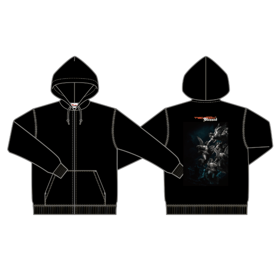 Front and back illustration of a black men's zip-up hoodie showing front pockets and a graphic print on the back.