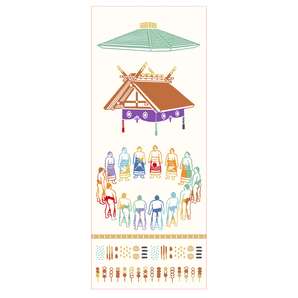 A cotton tenugui (handkerchief) showing a printed sumo dohyo-iri (ring-entering) design and decorative motifs.