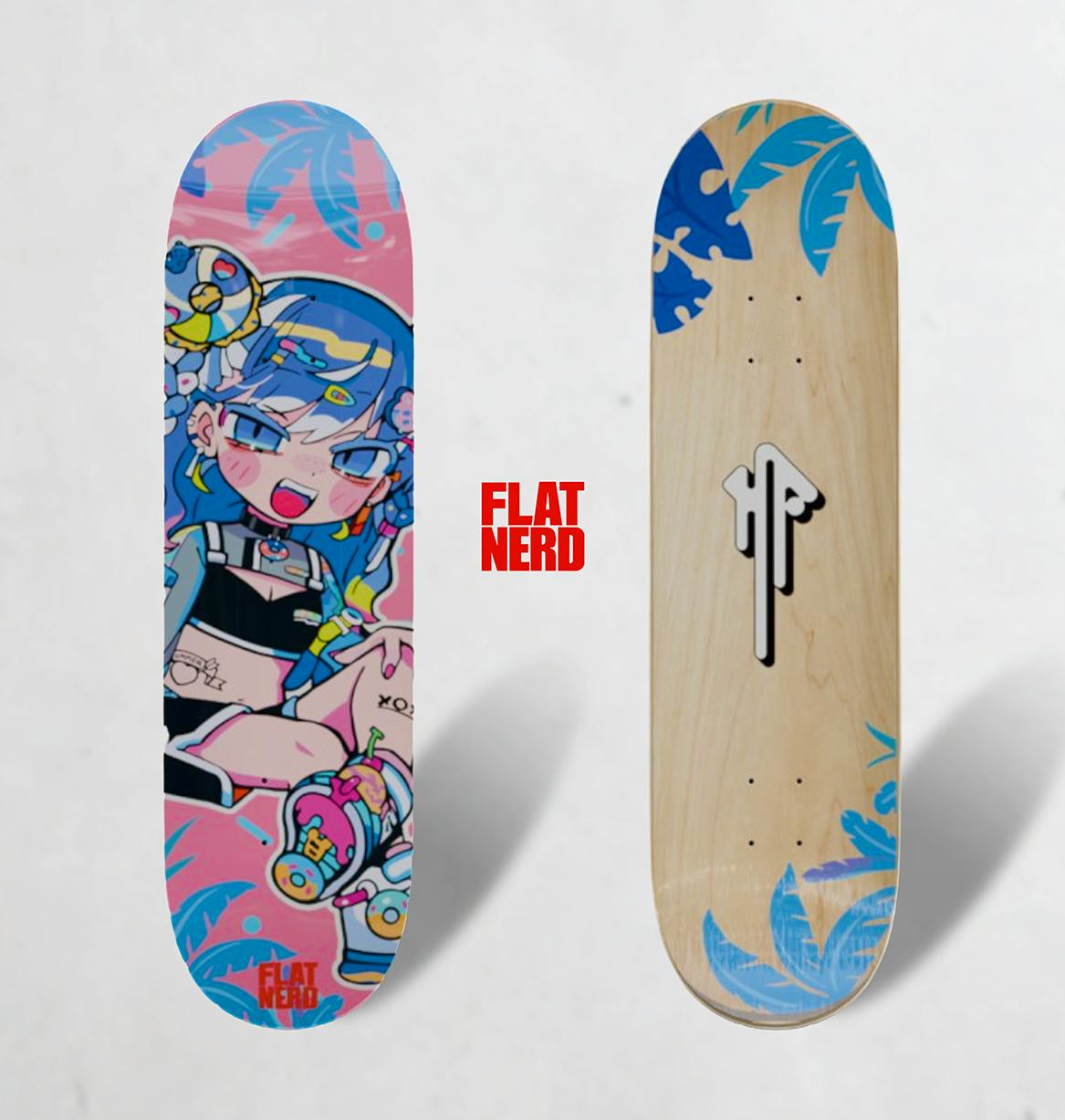 Front and back views of the 寺田てら × FLAT NERD skateboard deck showing an anime-style graphic on one side and a wood-grain reverse with logo on the other.