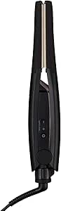 Black hair straightening iron shown closed with visible control buttons and attached swivel cord.