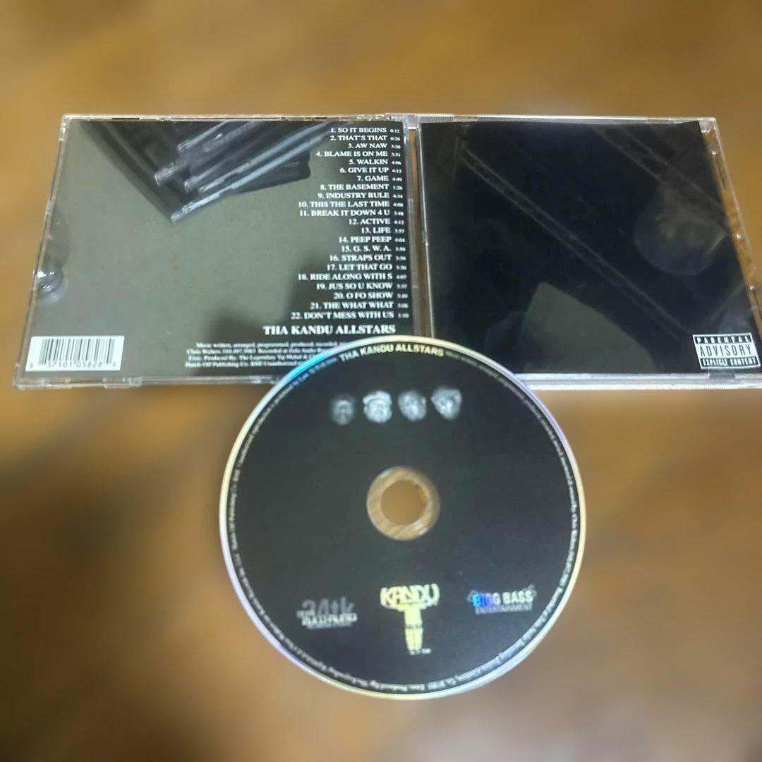 Photograph of the G-RAP Tha Kandu Allstars CD disc placed in front of its open jewel case showing the back cover tracklist.