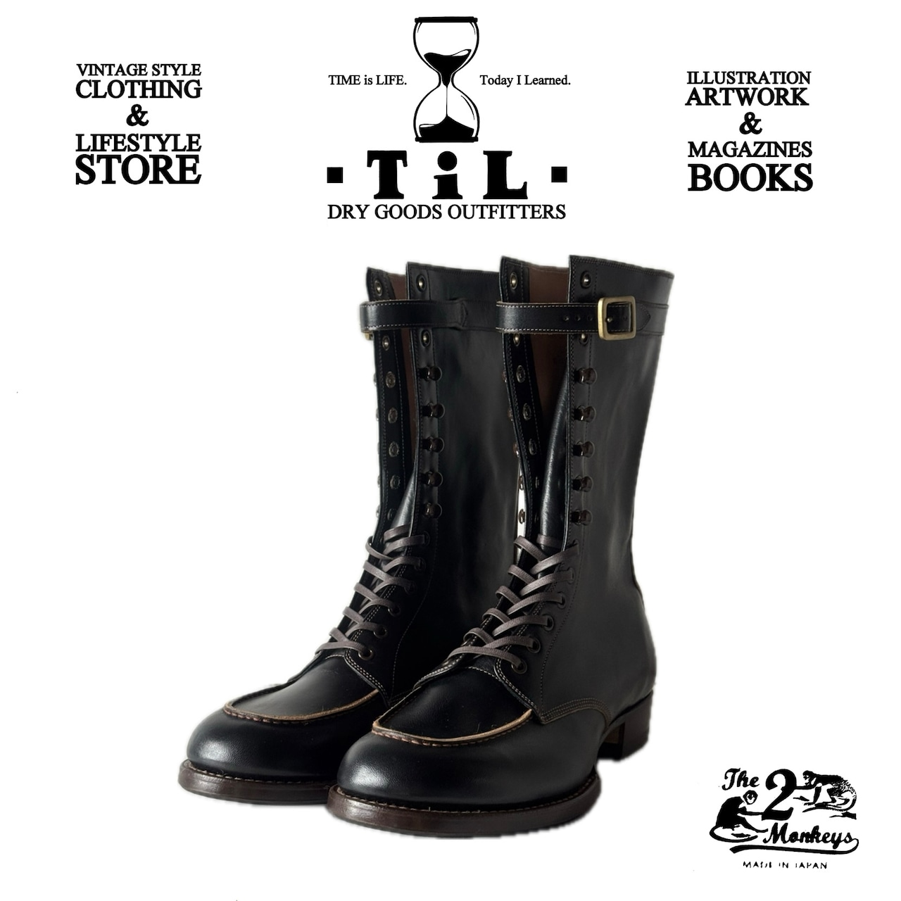 Two black leather Grand Sportif boots (The 2 Monkeys) shown front three-quarter on a white background, with laces, buckles, and contrast stitching.