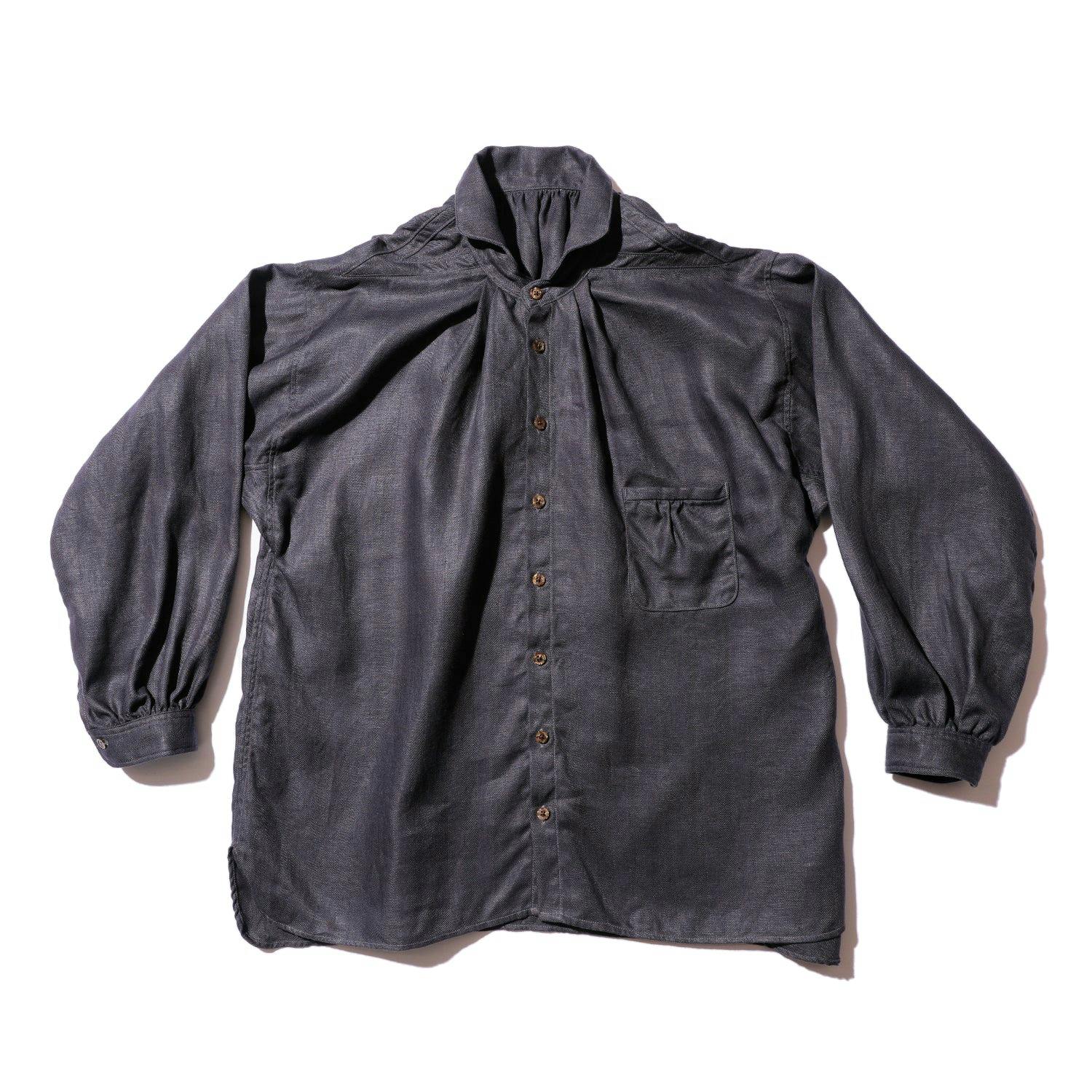 Laid-flat dark herringbone men's button-up shirt with long sleeves, button front, and a single chest pocket.