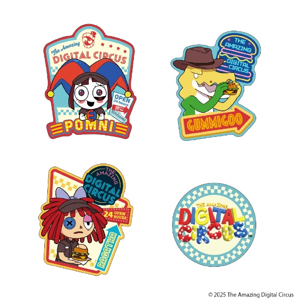 Four die-cut paper stickers from the INFOLENS Amazing Digital Circus Episode4 set shown on a white background.