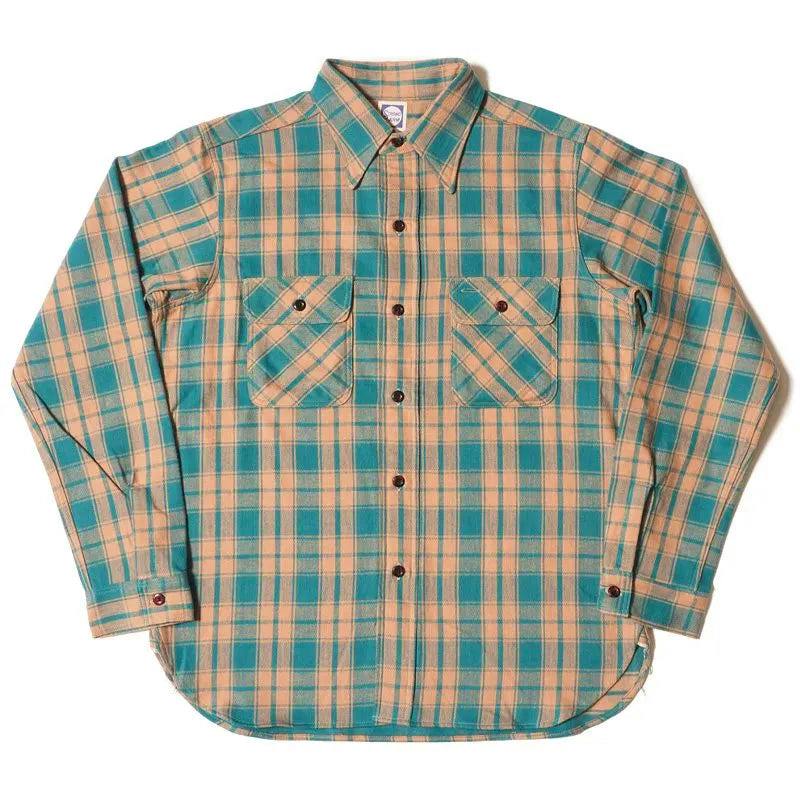 Flat-lay front view of a men's cotton flannel shirt in teal and tan plaid with rounded chest pockets.
