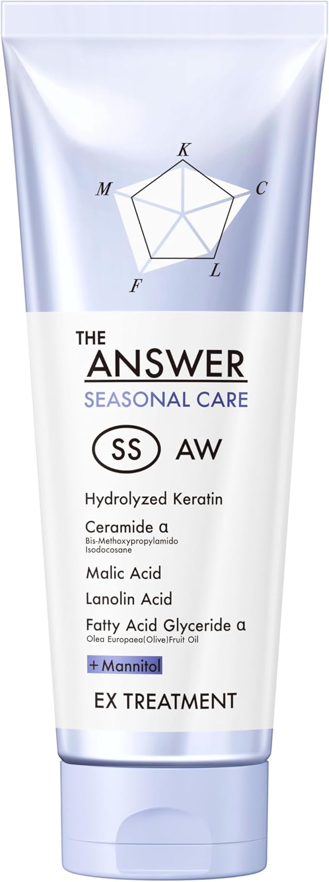Front-facing tube of The ANSWER Seasonal Care SS EX Treatment conditioner showing brand name, product type, and ingredient list on the label.