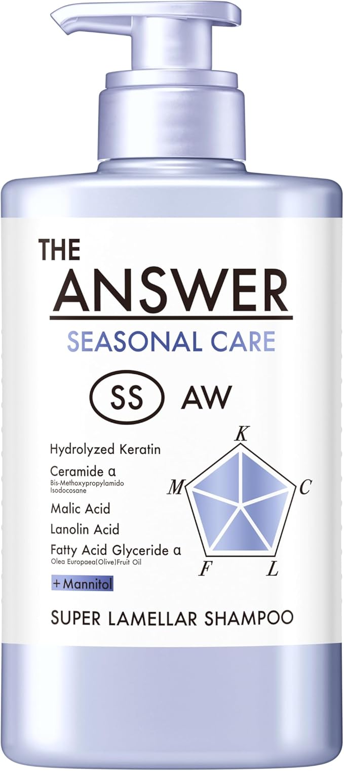 Front view of a pump bottle of The ANSWER Seasonal Care Super Lamellar Shampoo showing the product label and pump top.