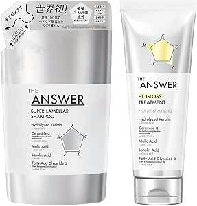 Two silver-white THE ANSWER hair care containers, a shampoo refill pouch and an EX GLOSS treatment tube.