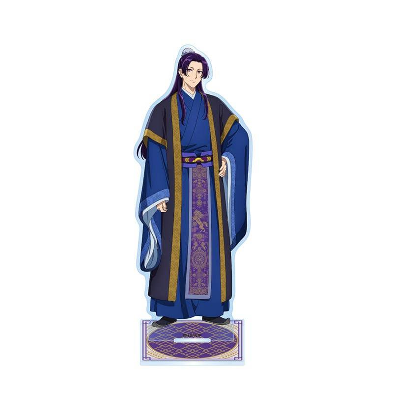 Acrylic stand of 壬氏 in blue traditional robes standing on a patterned base against a white background.