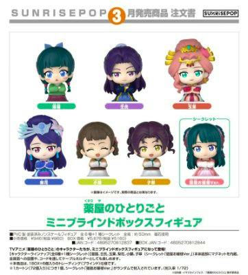 Promotional sheet showing six mini blind-box figure illustrations from 薬屋のひとりごと arranged in two rows with character names.