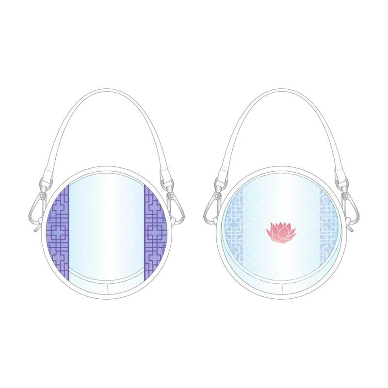 Illustration showing a round pouch with a strap from front and back, featuring blue patterned panels and a central pink lotus motif.