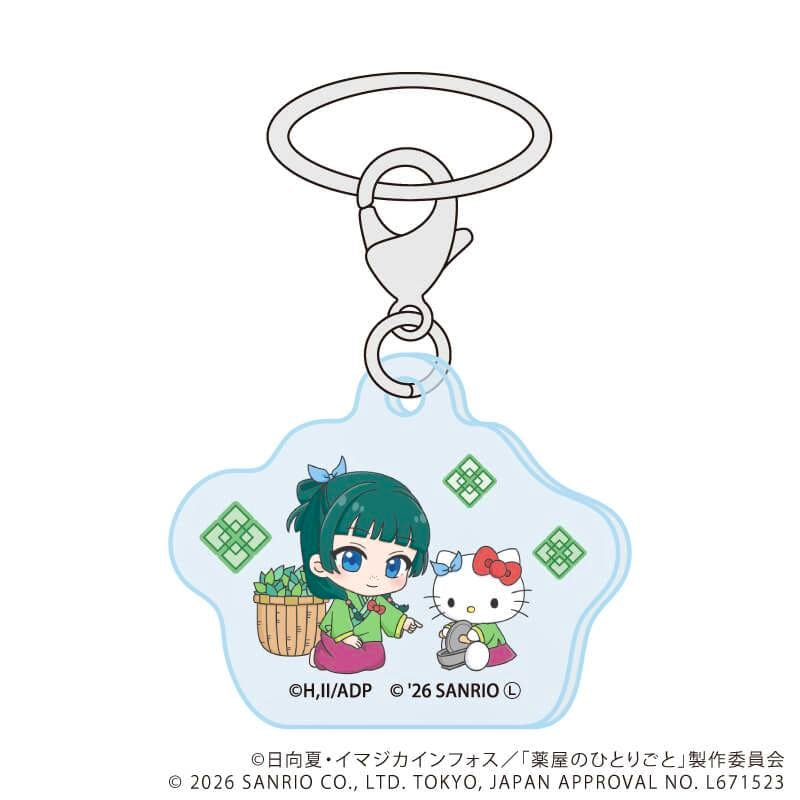 Acrylic umbrella marker keychain showing the TV anime '薬屋のひとりごと' × Sanrio collaboration illustration on a clear acrylic charm attached to a metal ring.