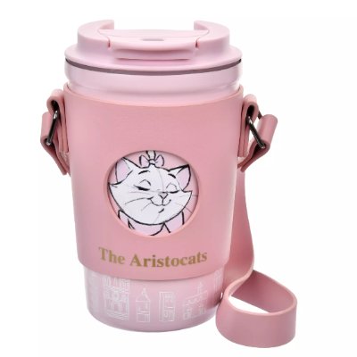 Pink stainless steel tumbler featuring Marie from The Aristocats, with "The Aristocats" text and a pink carrying strap.