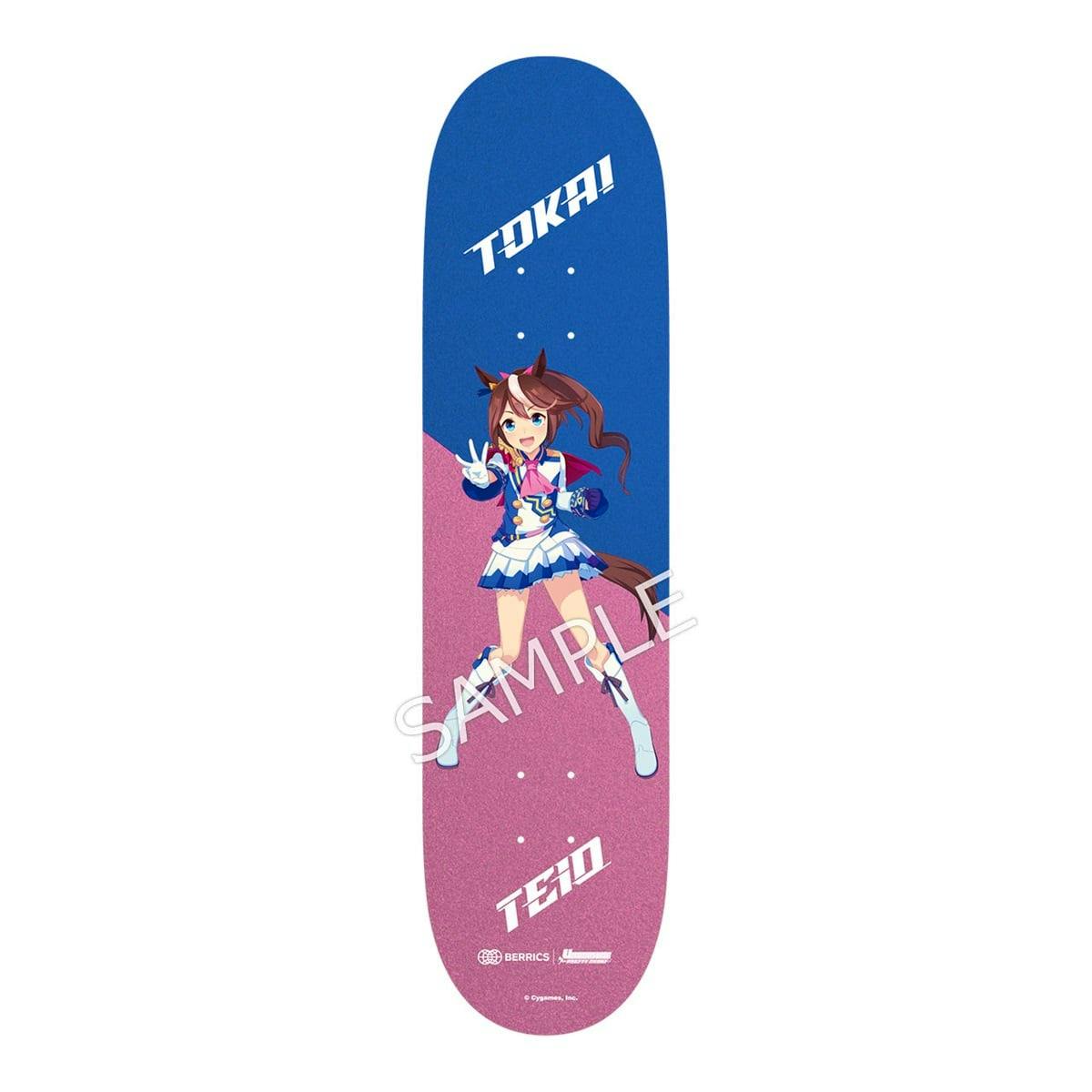 THE BERRICS Cygames Umamusume: Pretty Derby skateboard deck showing blue and pink artwork of an anime character with a "SAMPLE" watermark.