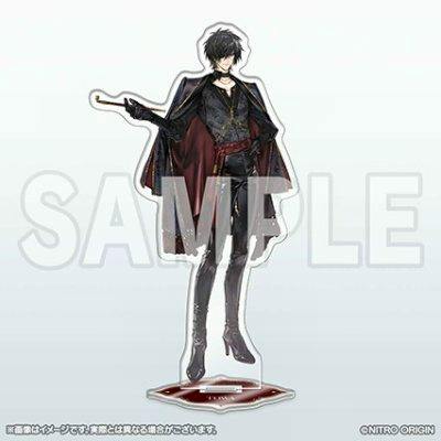 Acrylic stand of the character Towa showing a full-body illustration with a cape and cane on its base, with a SAMPLE watermark.