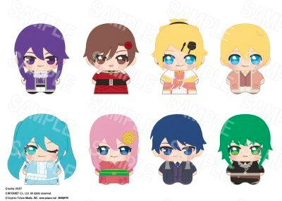 Illustrated chibi mascot designs of eight characters arranged in two rows on a white background with a faint "SAMPLE" watermark.