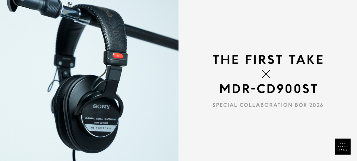Black MDR‑CD900ST headphones hanging from a microphone stand against a white background with THE FIRST TAKE collaboration text.