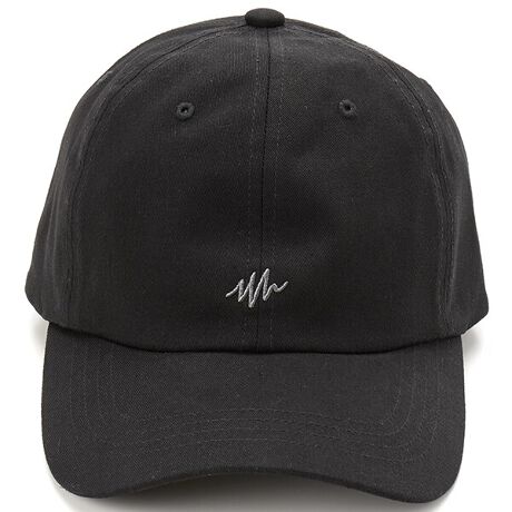 Front view of a black cotton baseball cap with a small white embroidered design on the front.