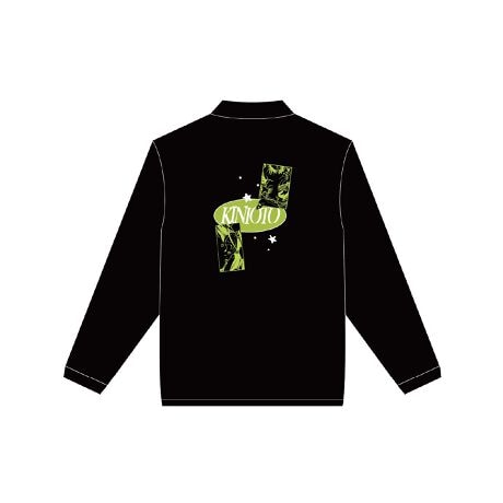 Black coach jacket mockup showing a green anime-style graphic and star motifs on the back.