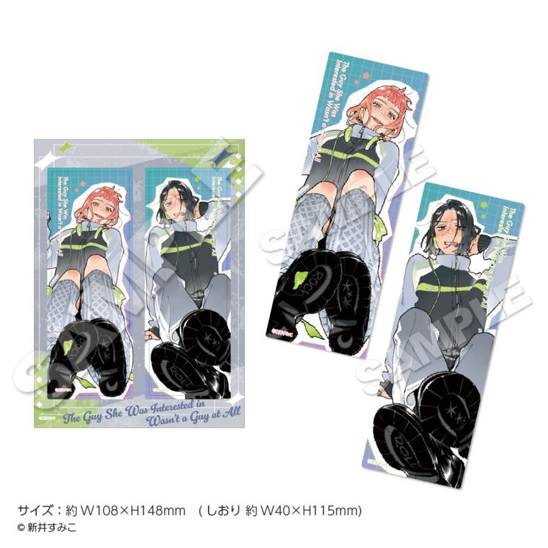Two illustrated bookmarks depicting two characters alongside their backing card for the "気になってる人が男じゃなかった" bookmark set.