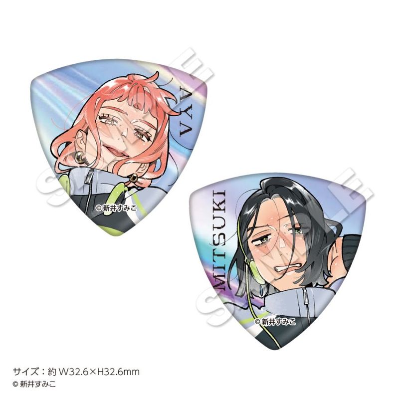Two triangular plastic guitar picks printed with colorful character illustrations and small text.